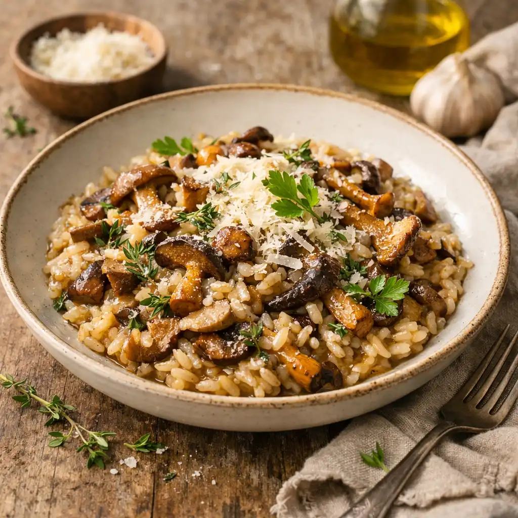 Risotto z grzybami leśnymi podane w płytkiej misce z parmezanem i ziołami