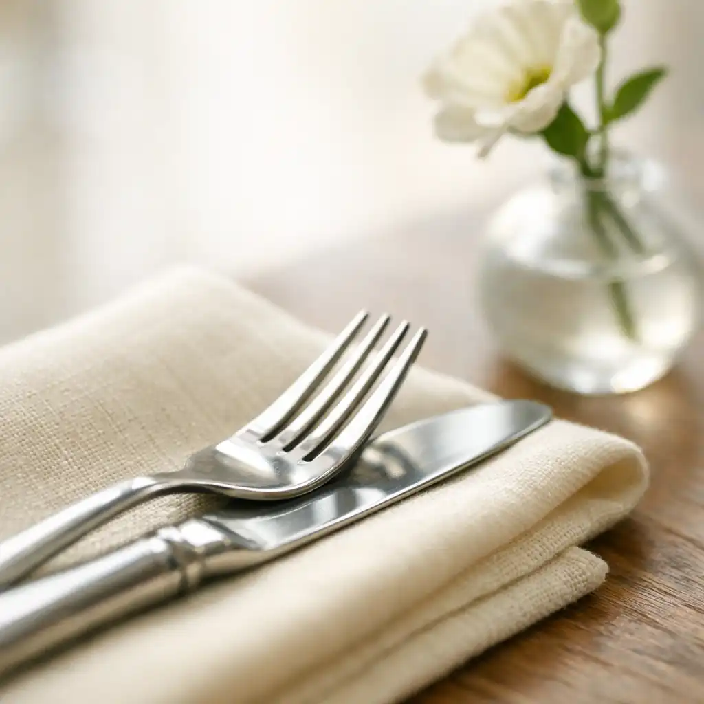 Stół nakryty z dbałością o detale – lniane serwetki, sztućce i świeże kwiaty w restauracji Vuqerani