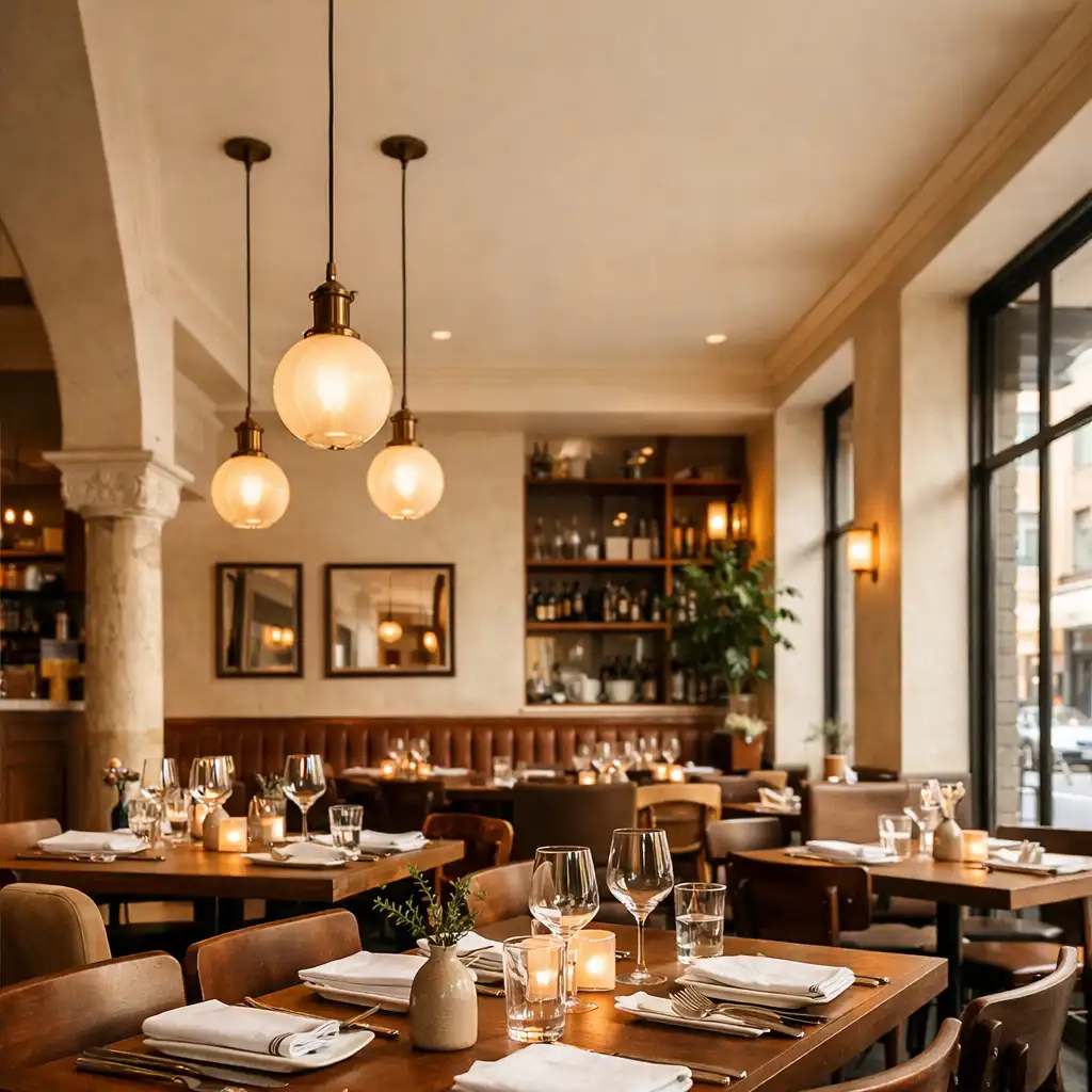 Elegancka sala restauracyjna Vuqerani z ciepłym oświetleniem i nakrytymi stolikami