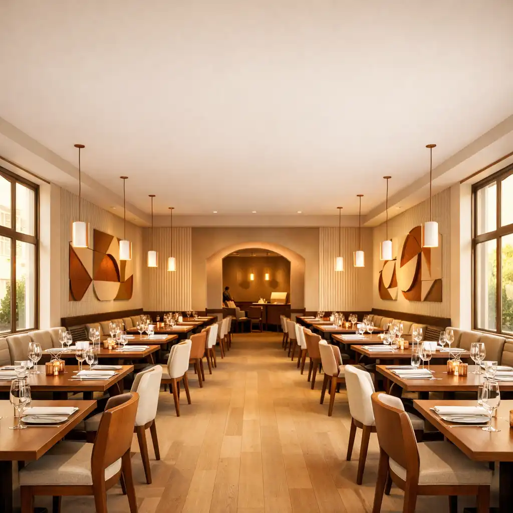 Eleganckie wnętrze restauracji Vuqerani z ciepłym światłem i geometrycznymi detalami