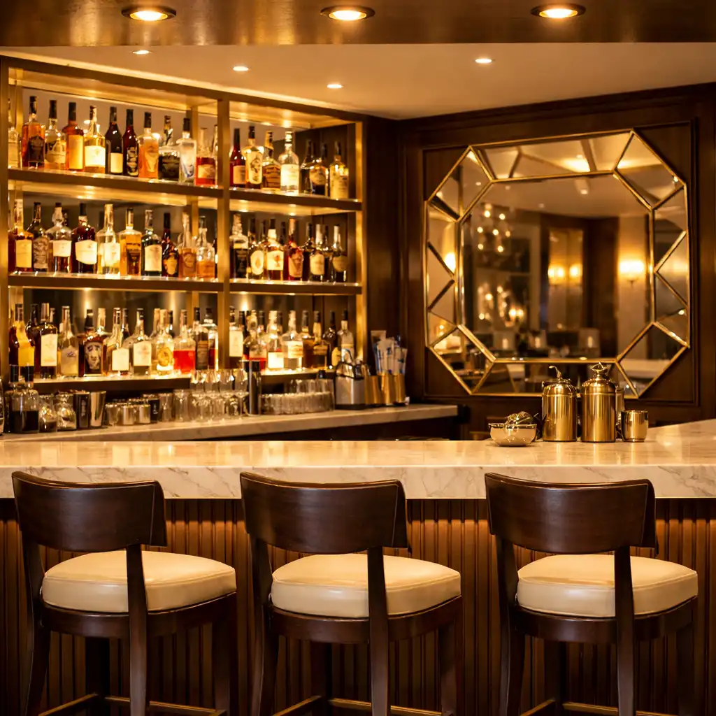 Elegancki bar w restauracji Vuqerani z podświetlaną półką na alkohole i marmurowym blatem