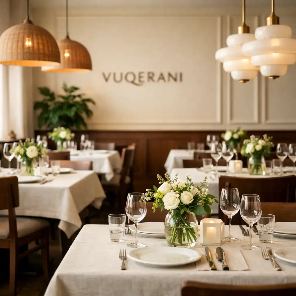 Przestronna sala główna restauracji Vuqerani z ciepłym oświetleniem i drewnianymi akcentami