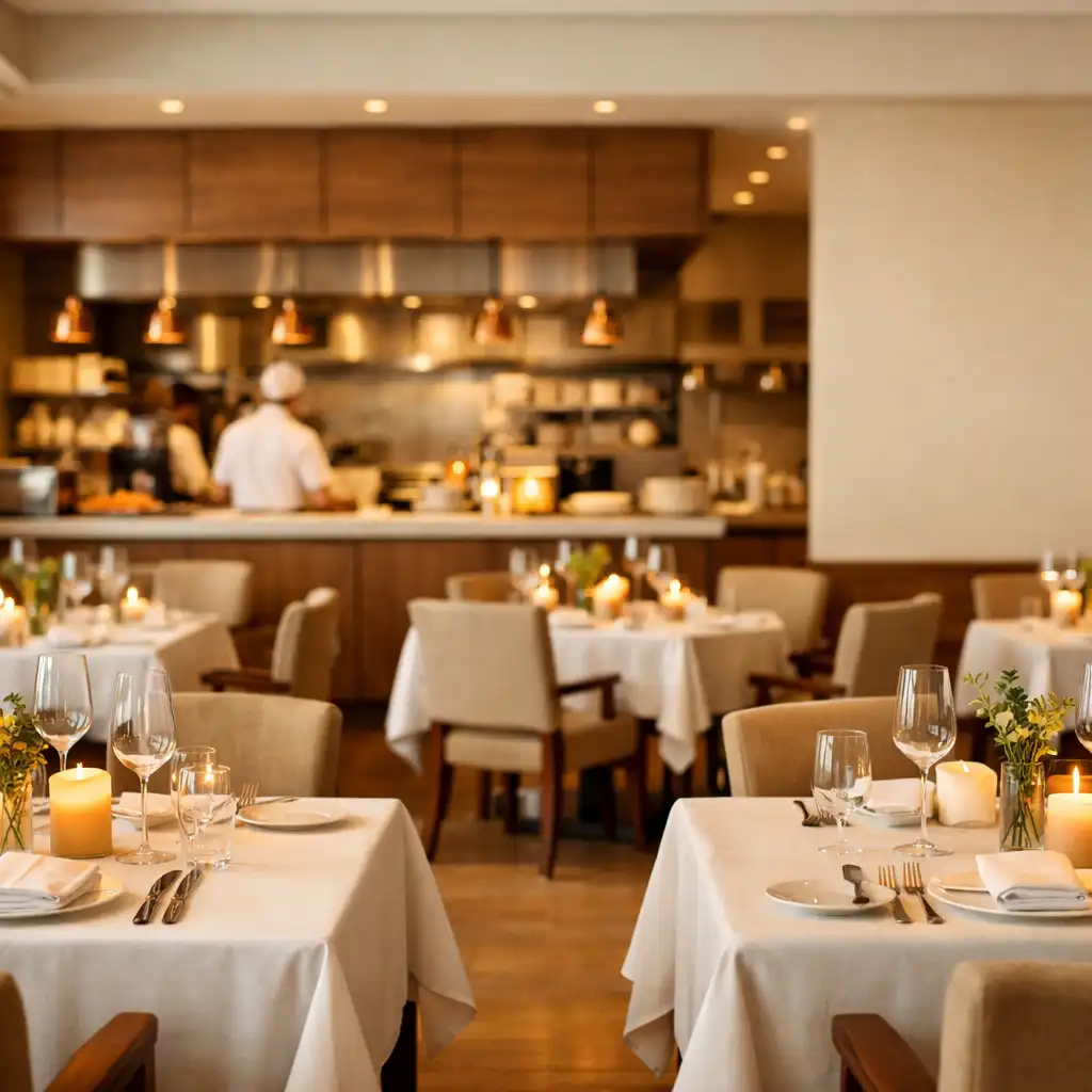Eleganckie wnętrze restauracji Vuqerani z nakrytymi stolikami i ciepłym oświetleniem