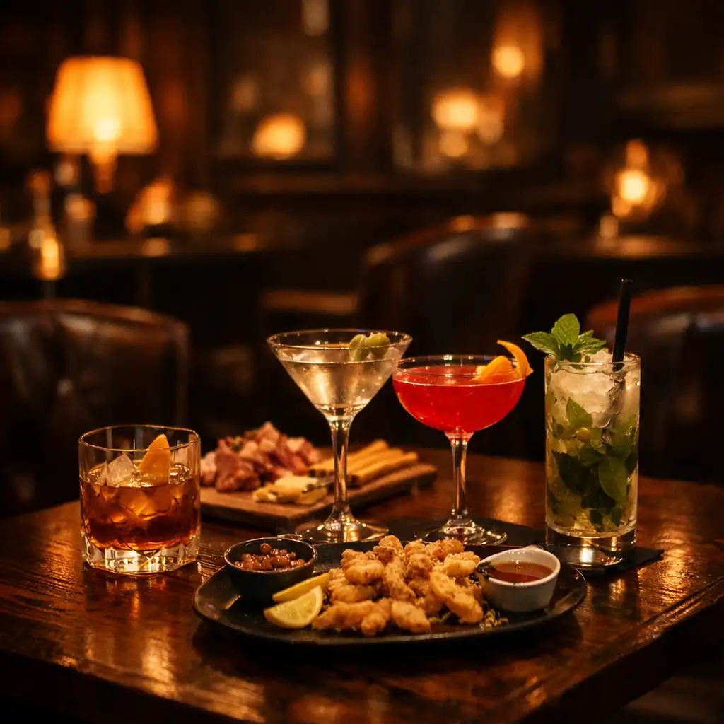 Wieczorna atmosfera w restauracji Vuqerani – stół z koktajlami i przekąskami w ciepłym świetle